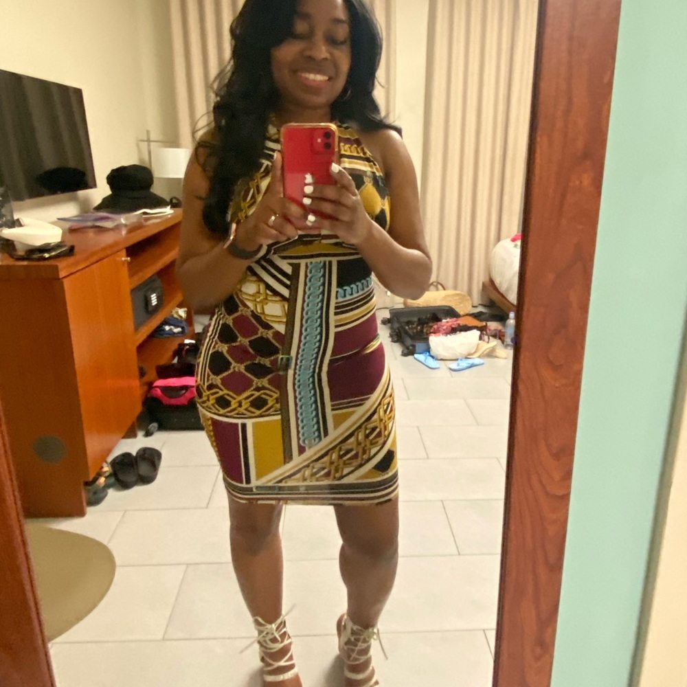 Burgundy Mustard Printed Halter Dress